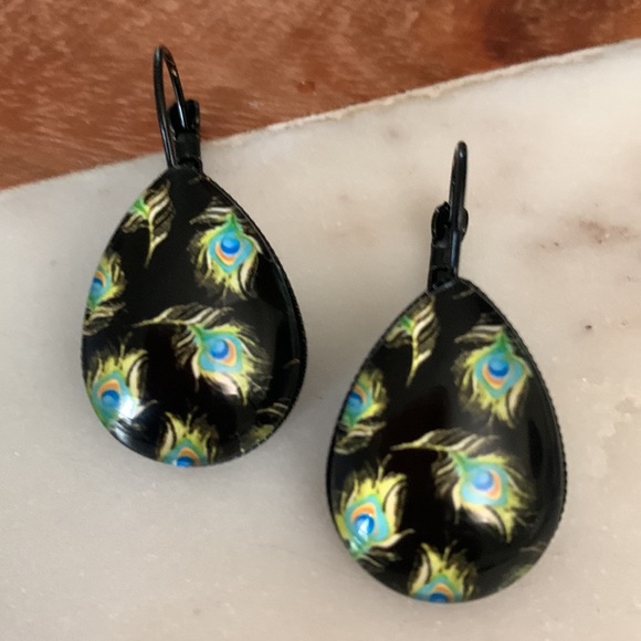Black Peacock Teardrop Earrings - Picture 1 of 4